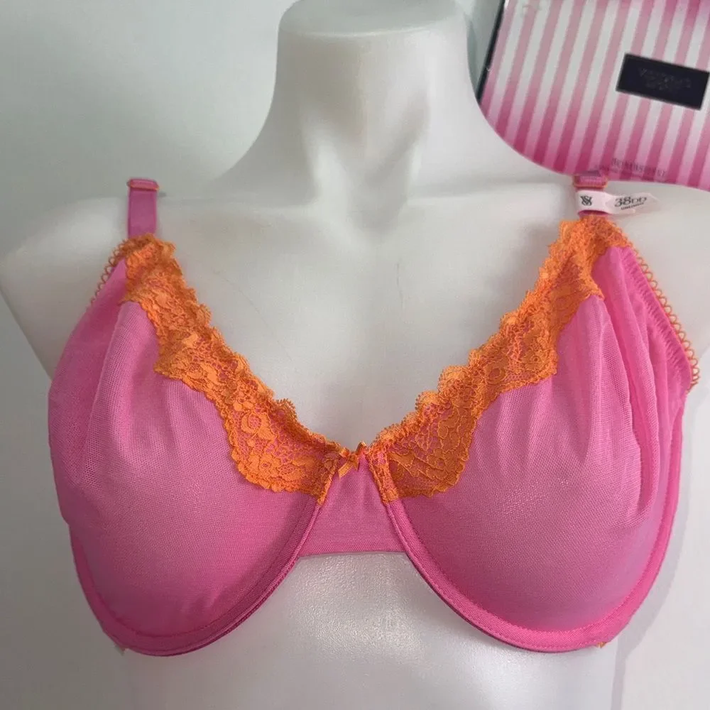 Victoria's Secret Pink and Orange Lace Bra Sz 38DD NWT